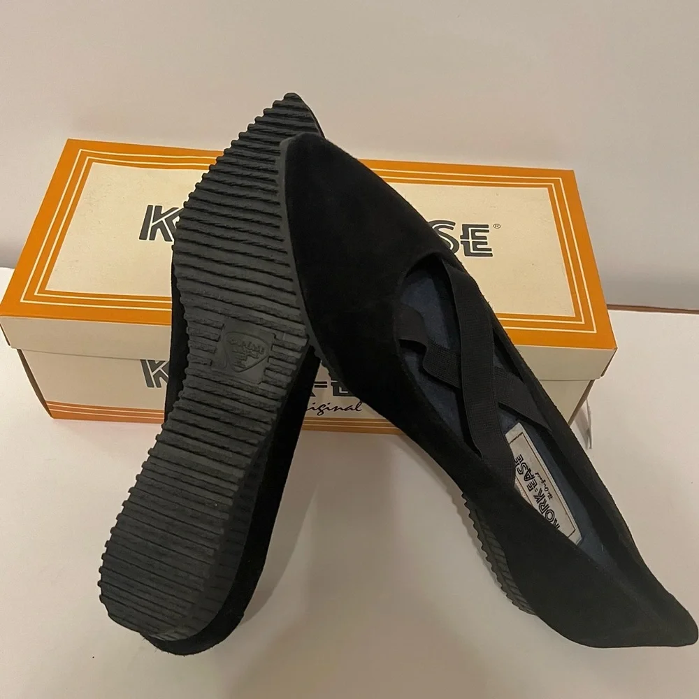 VTG Kork-Ease Deadstock Black Suede Ballet Flats Cross Straps 8.5M
